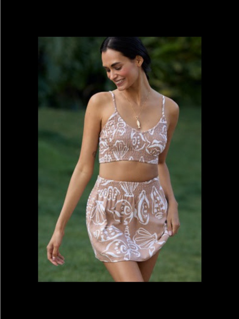 Anthropologie Tan & White Shell-Print Crop Top and Mini Skirt Set - Picture 3 of 8